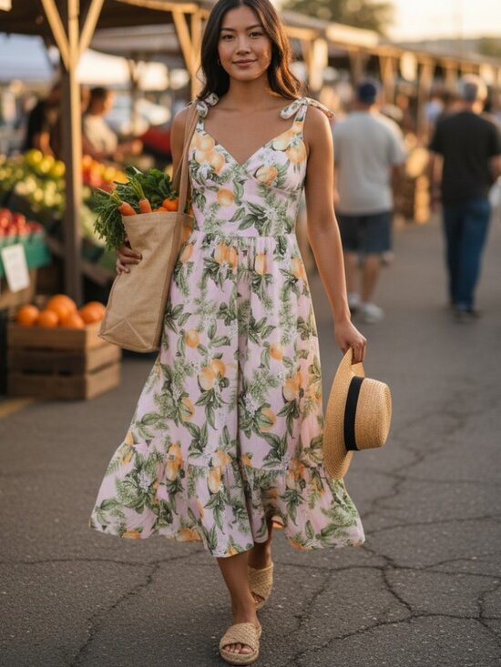 Aqua Dresses & Skirts - Aqua Citrus Print Tiered Midi Cotton Flowy Wedding Guest Garden Party Dress L
